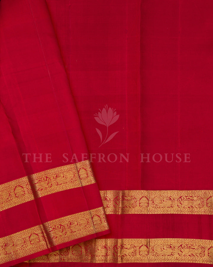 Black Kanchivaram Silk Saree with Zari Check Weave & Gold Buttis, Red Temple Border