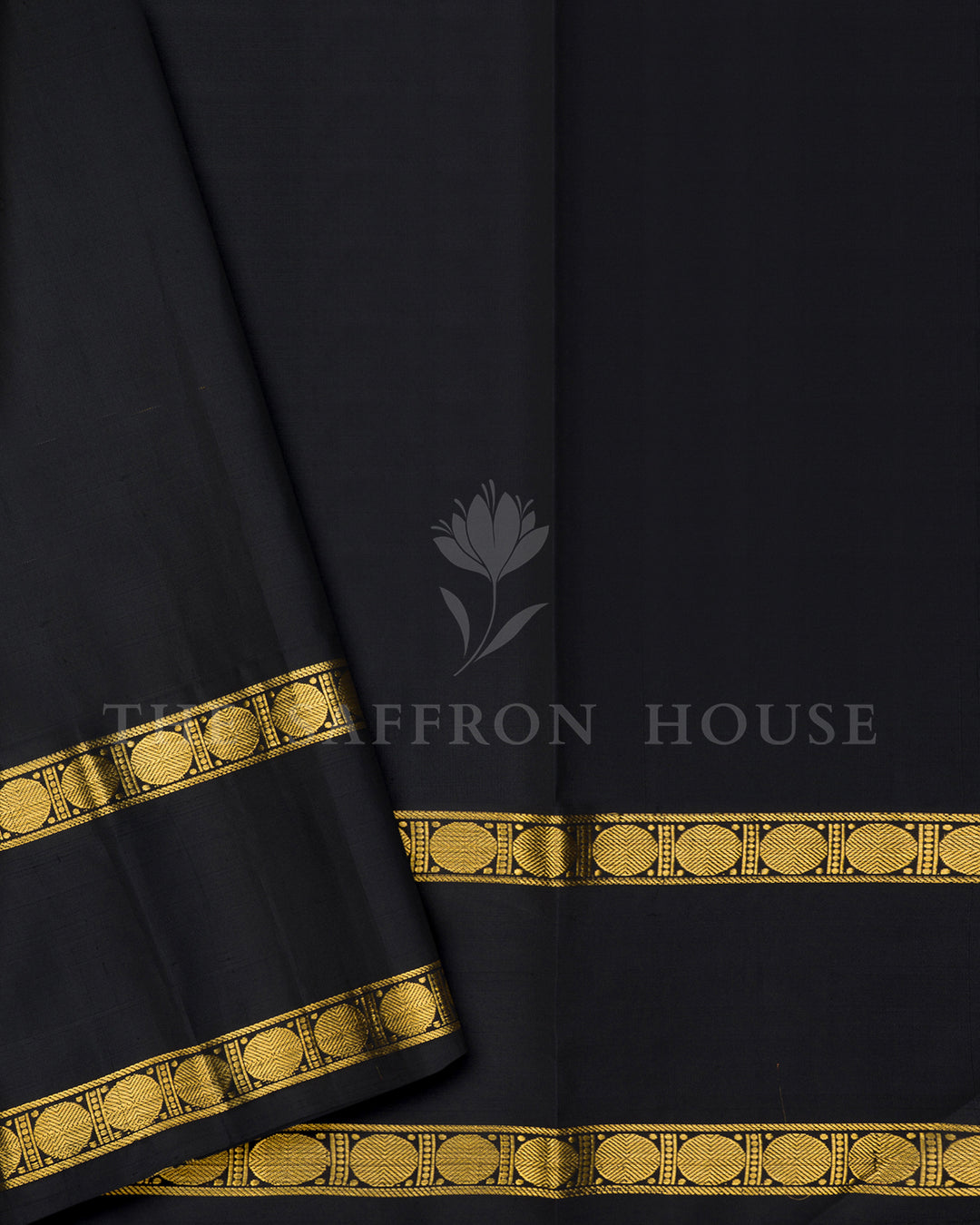 Golden Yellow Kanchivaram Silk Saree with Zari Buttis & Black Coin Motif Border