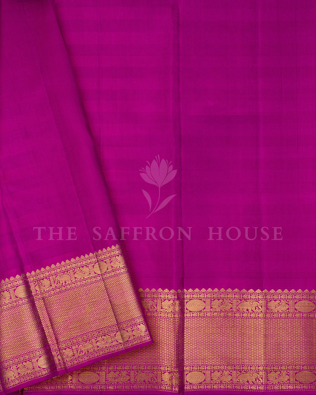 Pink and Magenta Striped Kanchivaram Silk Saree with Gold Zari Border