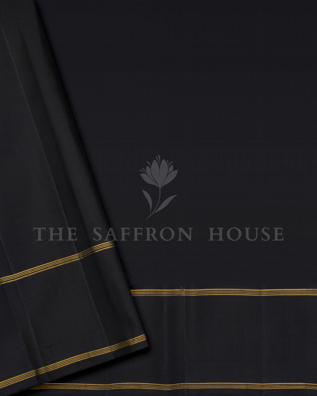 Olive Green Tartan Check Kanchivaram Silk Saree with Black Zari Border, Striped Pallu