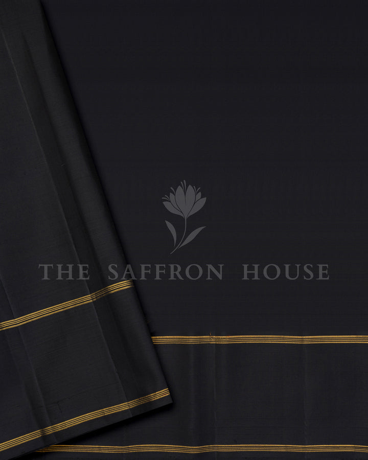 Olive Green Tartan Check Kanchivaram Silk Saree with Black Zari Border, Striped Pallu