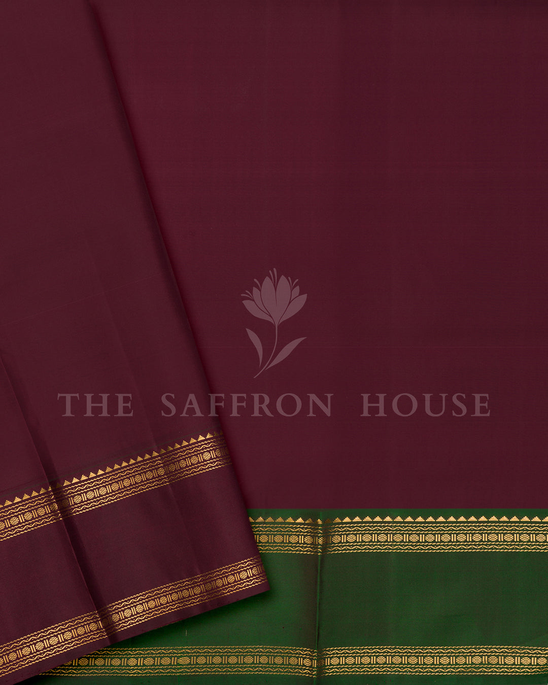 Cream Kanchivaram Silk Saree with Green Zari Border, Wine Striped Pallu