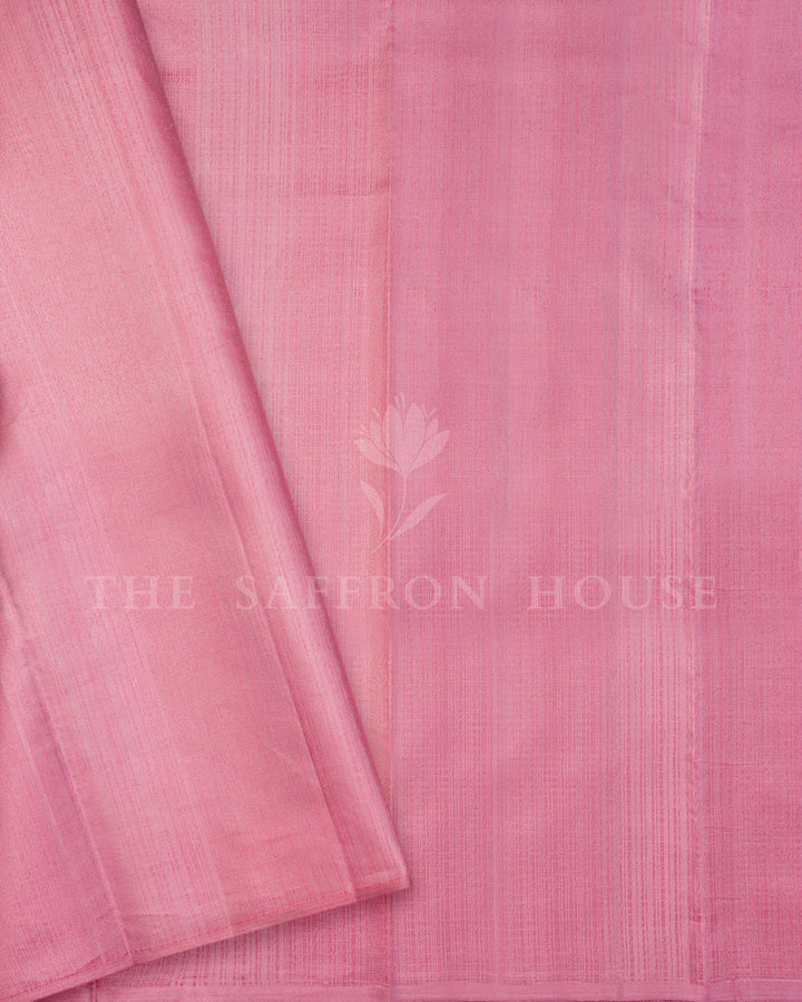 Turquoise Kanchivaram Silk Saree with Silver Leaf Buttis, Pink Border