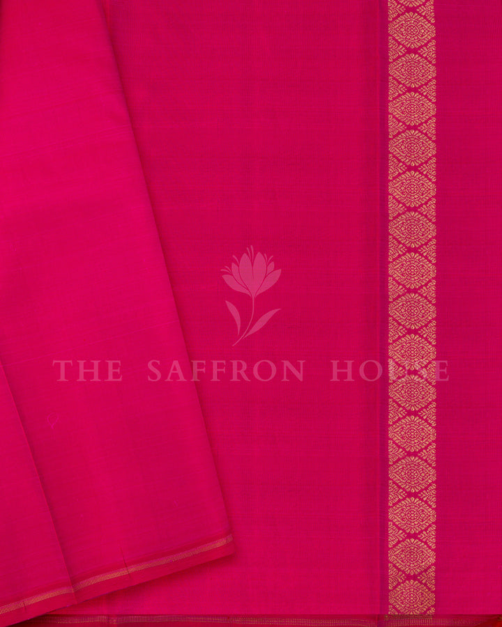 Bottle Green Kanchivaram Silk Saree with Gold Zari Buttis, Pink Pallu with Floral Zari Work