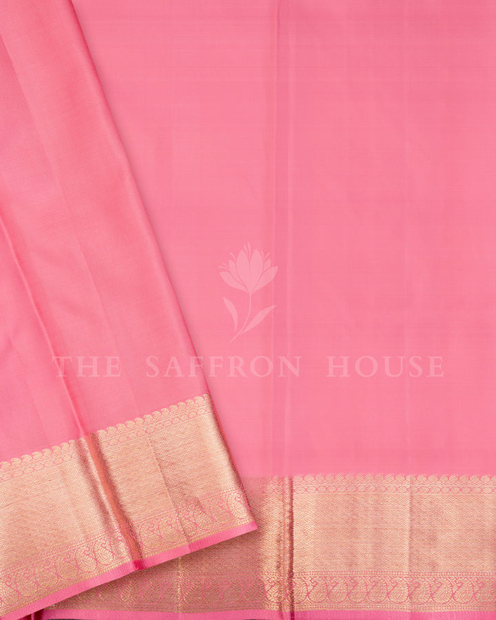 Pink Kanchivaram Silk Saree with Gold Zari Buttis, Self-Tone Paisley Pallu