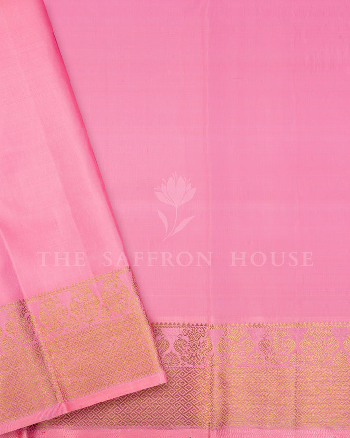 Sea Green Kanchivaram Silk Saree with Gold Zari Paisley Buttis, Pink Border Pallu