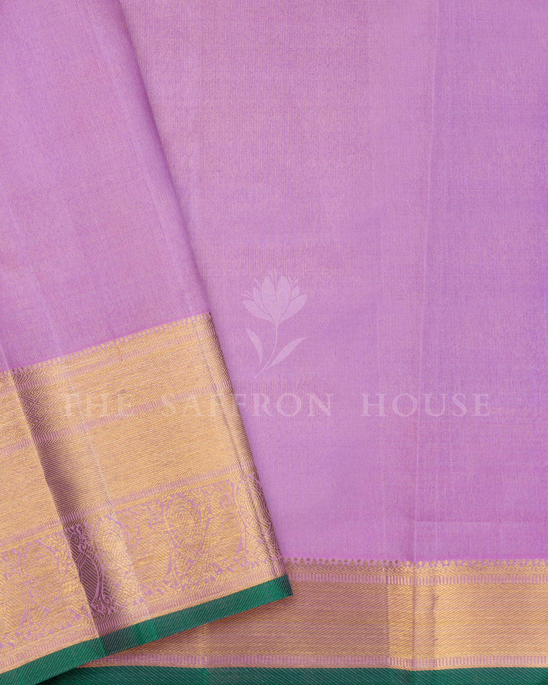 Lilac Kanchivaram Silk Saree with Gold Zari Vine Motifs, Green Edge Border