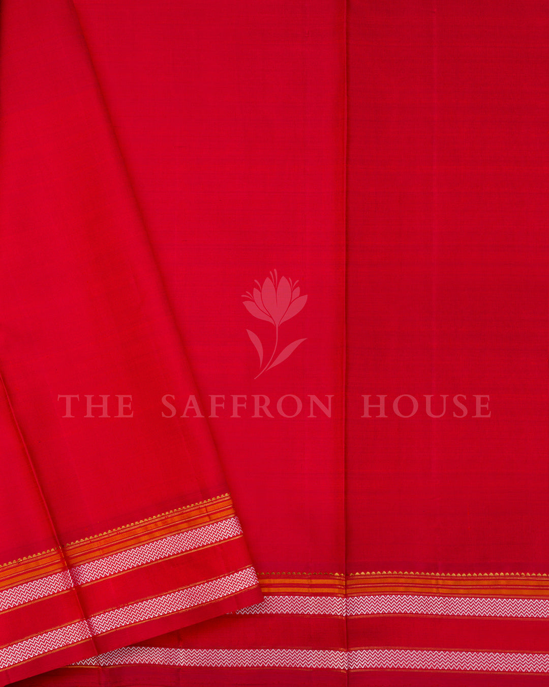 Red Kanchivaram Silk Saree with Silver Zari Buttis, White Zigzag Border