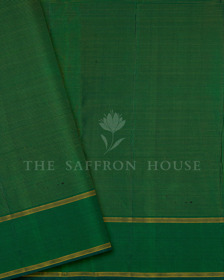 Bottle Green Kanchivaram Silk Saree with Zari Check Weave, Peacock Medallion Border