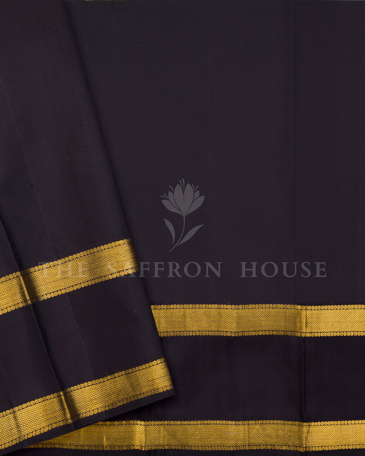 Green Kanchivaram Silk Saree with Gold Zari Check Weave, Black Border