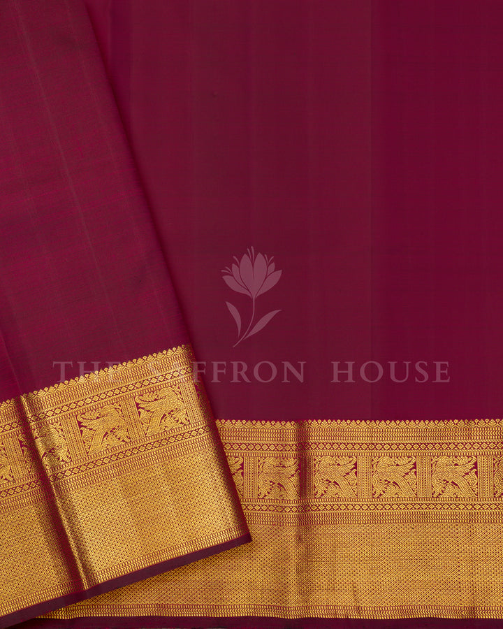 Magenta Kanchivaram Silk Saree with Gold Zari Elephant Motifs, Wide Gold Border