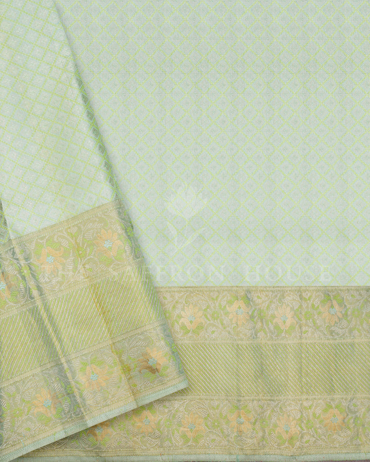 Mint Green Kanchivaram Silk Saree with Diagonal Stripe Weave, Floral Zari Border