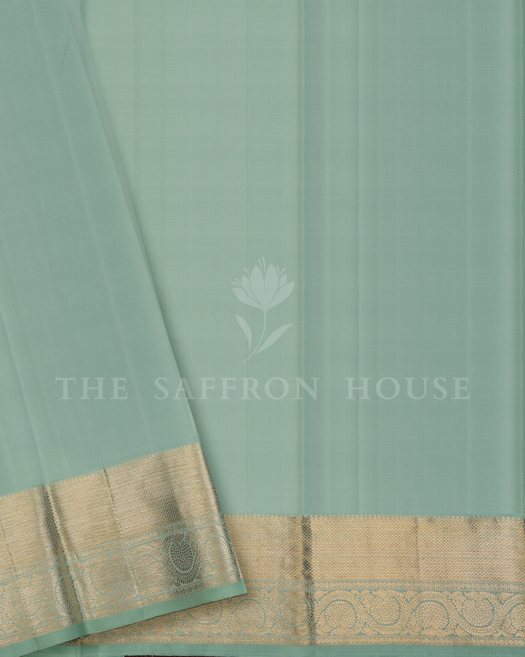 Mint Green Kanchivaram Silk Saree with Gold Zari Paisley Buttis, Wide Gold Border