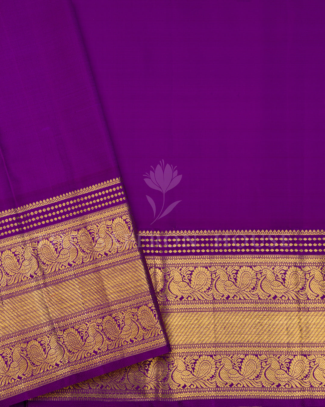 Green Kanchivaram Silk Saree with Zari Check Weave, Purple Peacock Border