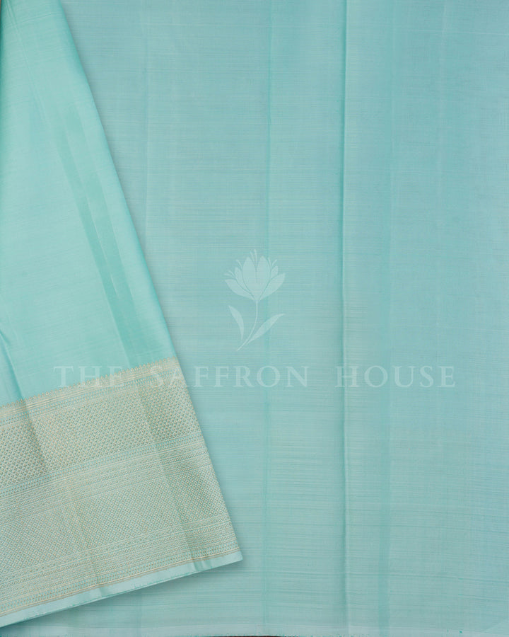 Mint Green Kanchivaram Silk Saree with Zari Diamond Lattice, Self-Tone Border