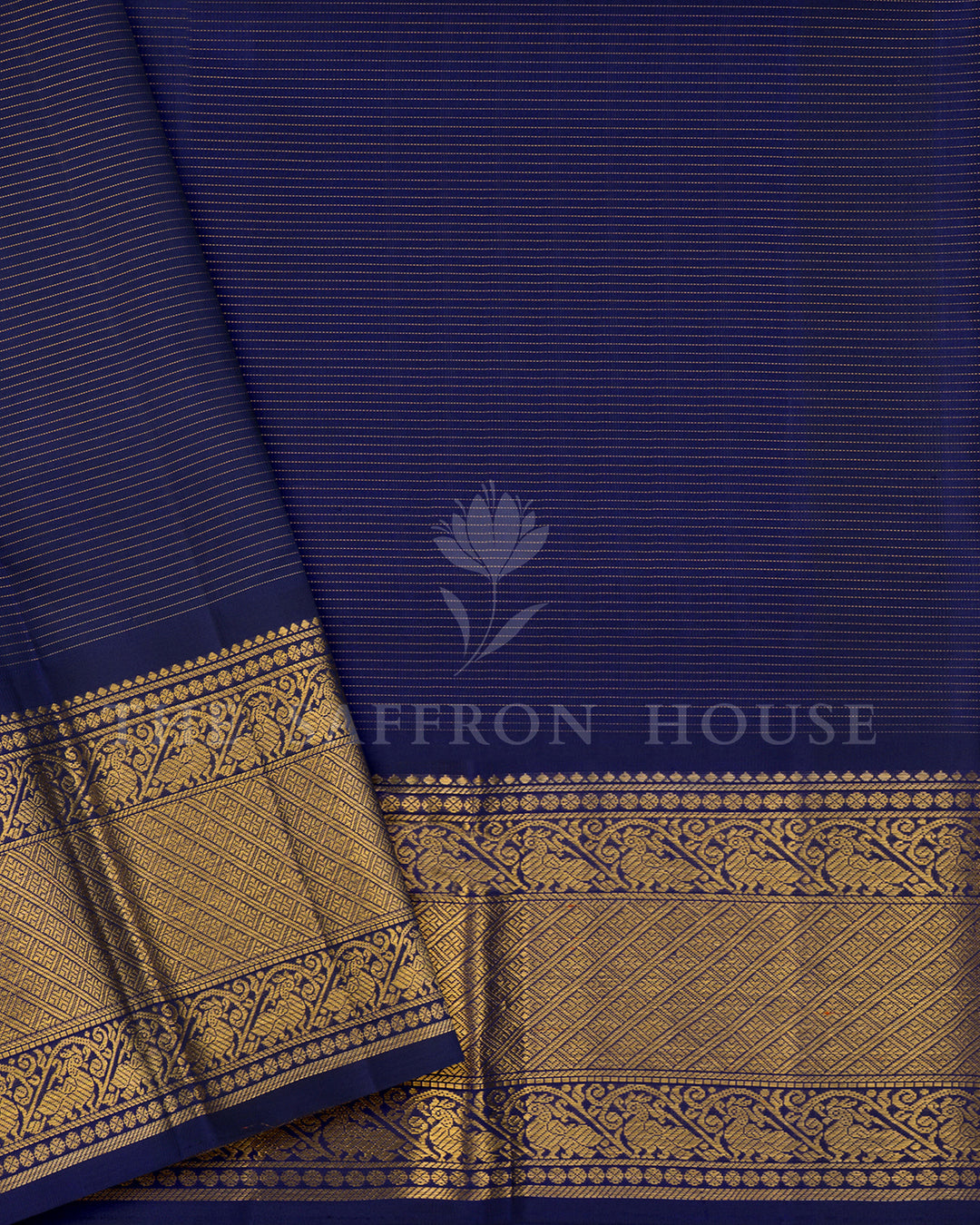 Green Kanchivaram Silk Saree with Gold Zari Check Weave, Navy Blue Border