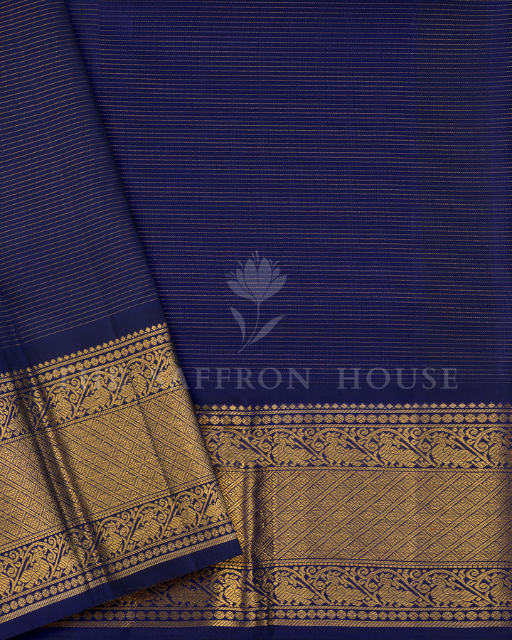Green Kanchivaram Silk Saree with Gold Zari Check Weave, Navy Blue Border