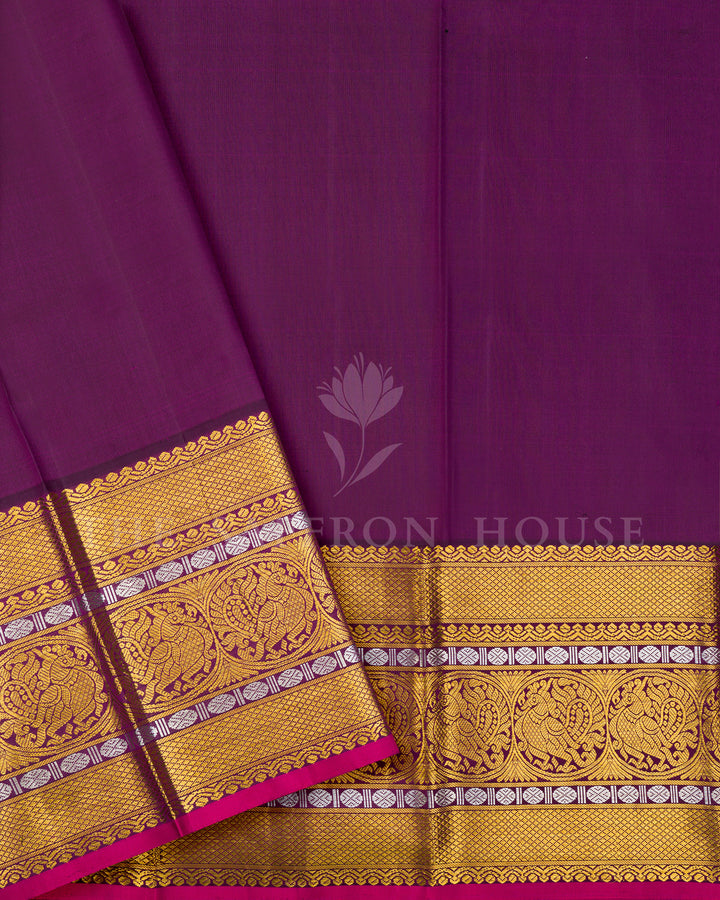 Pista Green Kanchivaram Silk Saree with Gold Zari Buttis, Wine Peacock Border