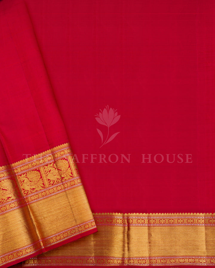 Mustard Yellow Checked Kanchivaram Silk Saree with Red Border, Gold Zari Pallu