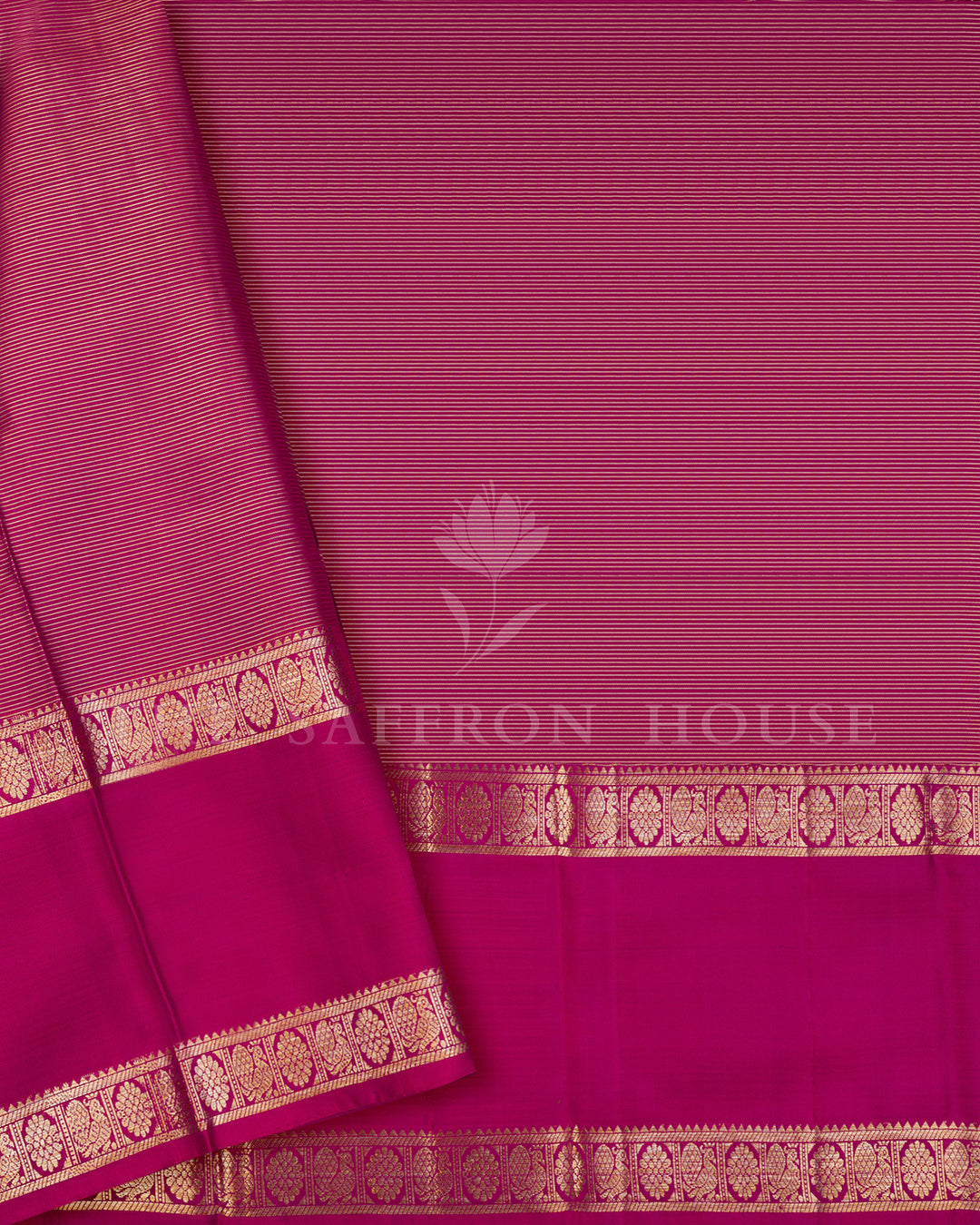 Magenta Kanchivaram Silk Saree with Zari Leaf Jaal, Peacock Border with Diamond Lattice Pallu