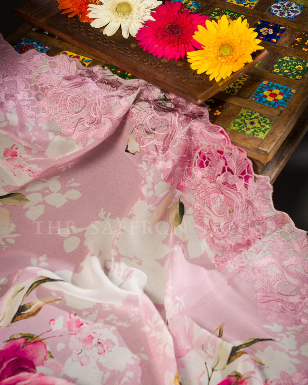 Blush Pink Organza Saree with Watercolour Rose Print, Scalloped Cutwork Lace Border