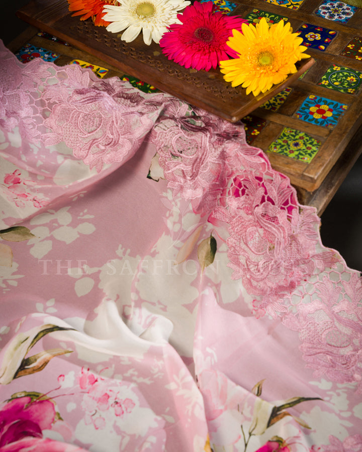 Blush Pink Organza Saree with Watercolour Rose Print, Scalloped Cutwork Lace Border
