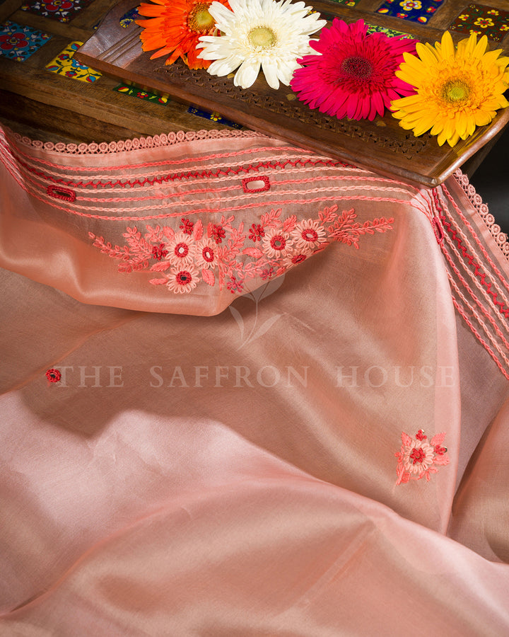 Peach Organza Saree with Floral Thread Embroidery, Mirror Work and Crochet Lace Border