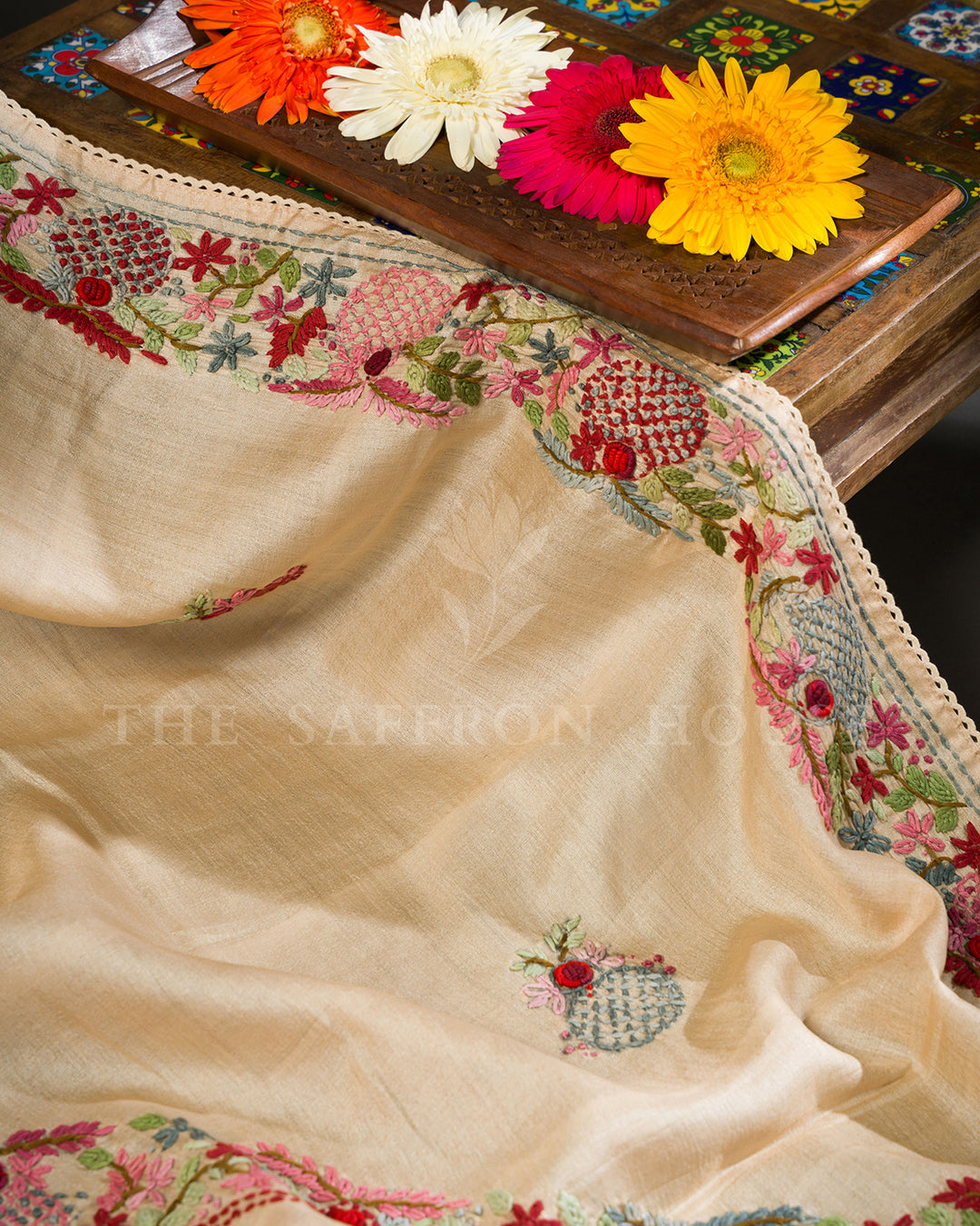 Cream Tussar Silk Saree with Multicolour Pomegranate Vine Embroidery and Mirror Work