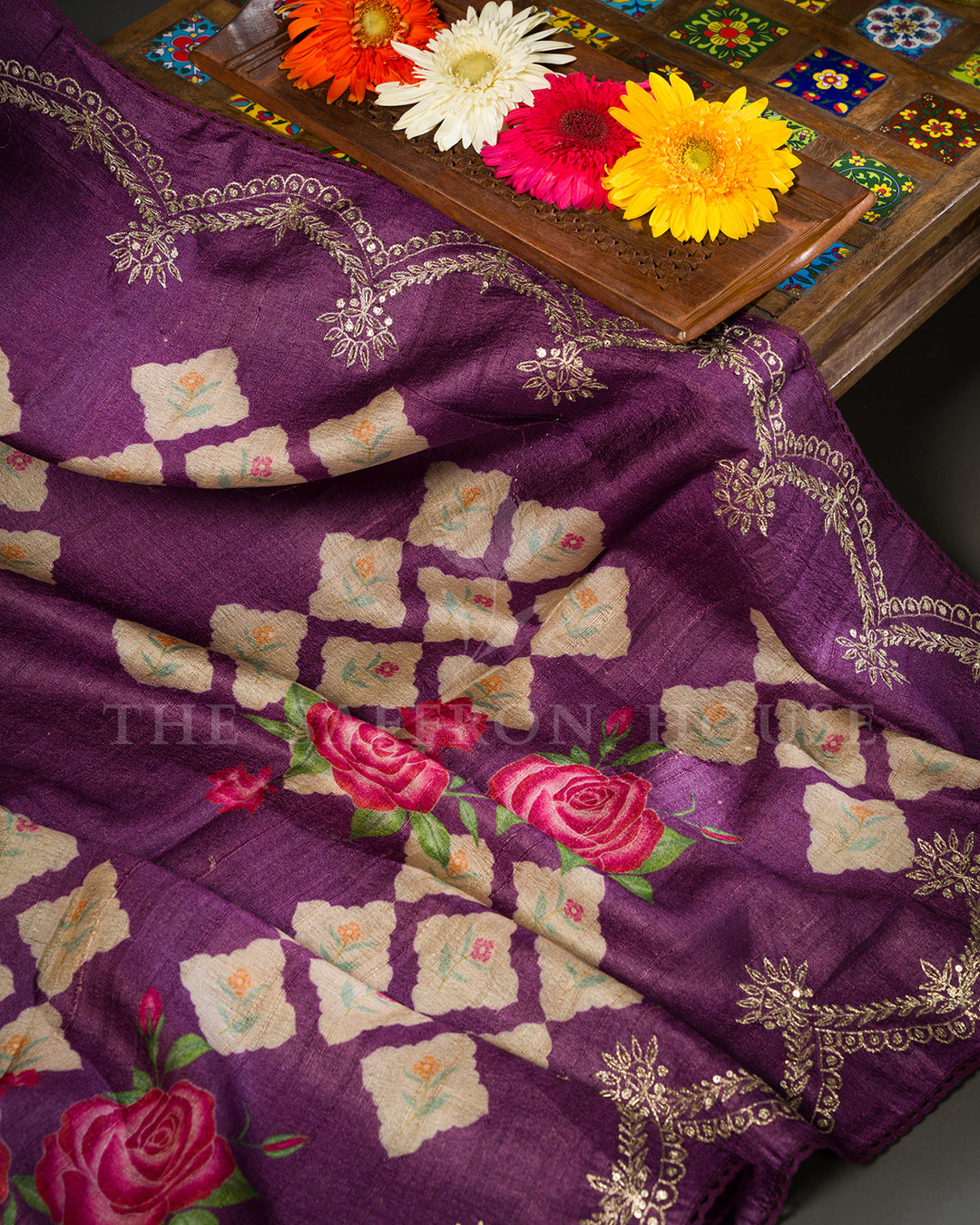 Purple Tussar Silk Saree with Printed Floral Grid, Rose Motifs and Gold Zari Scallop Border