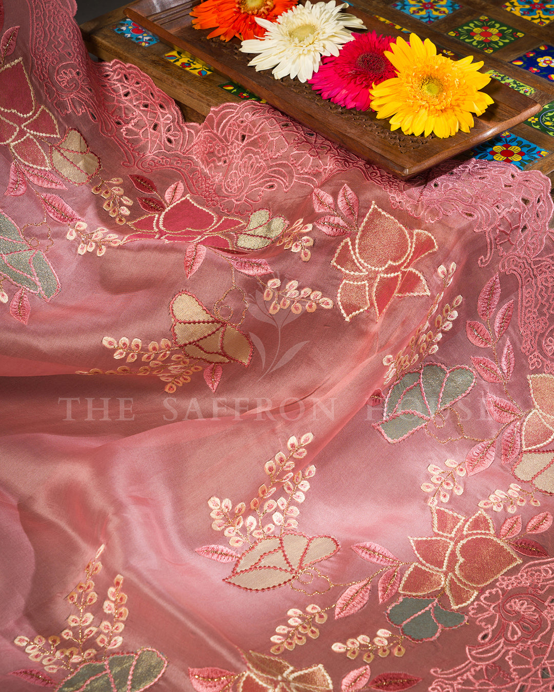 Rose Pink Organza Saree with Applique Floral Embroidery and Cutwork Scallop Border