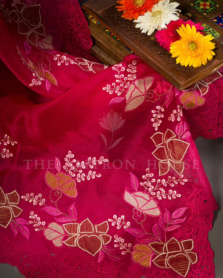 Rose Pink Tussar Silk Saree with Applique Floral Embroidery and Cutwork Scallop Border