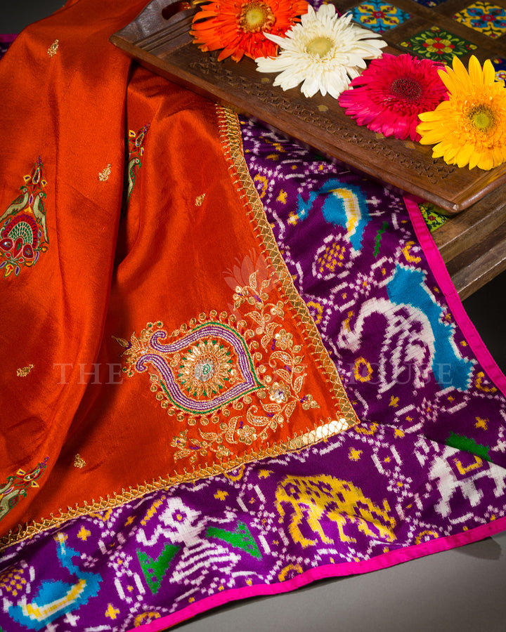 Marigold Orange Tussar Silk Saree with Ikat Fusion Border and Zardosi Buttas