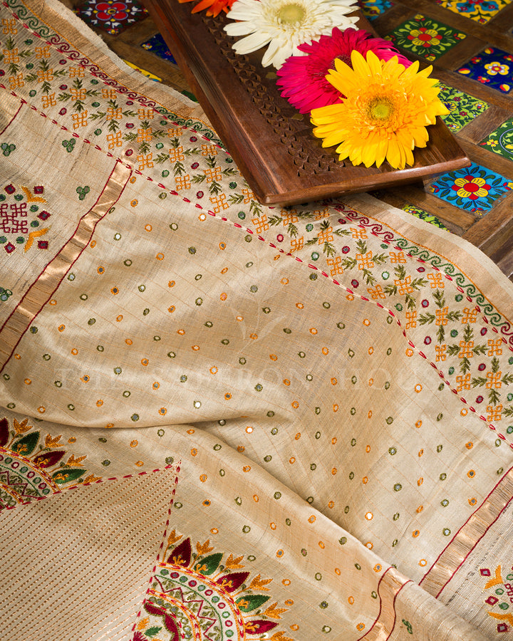 Natural Beige Tussar Silk Saree with Kutch Hand Embroidery and Mirror Work