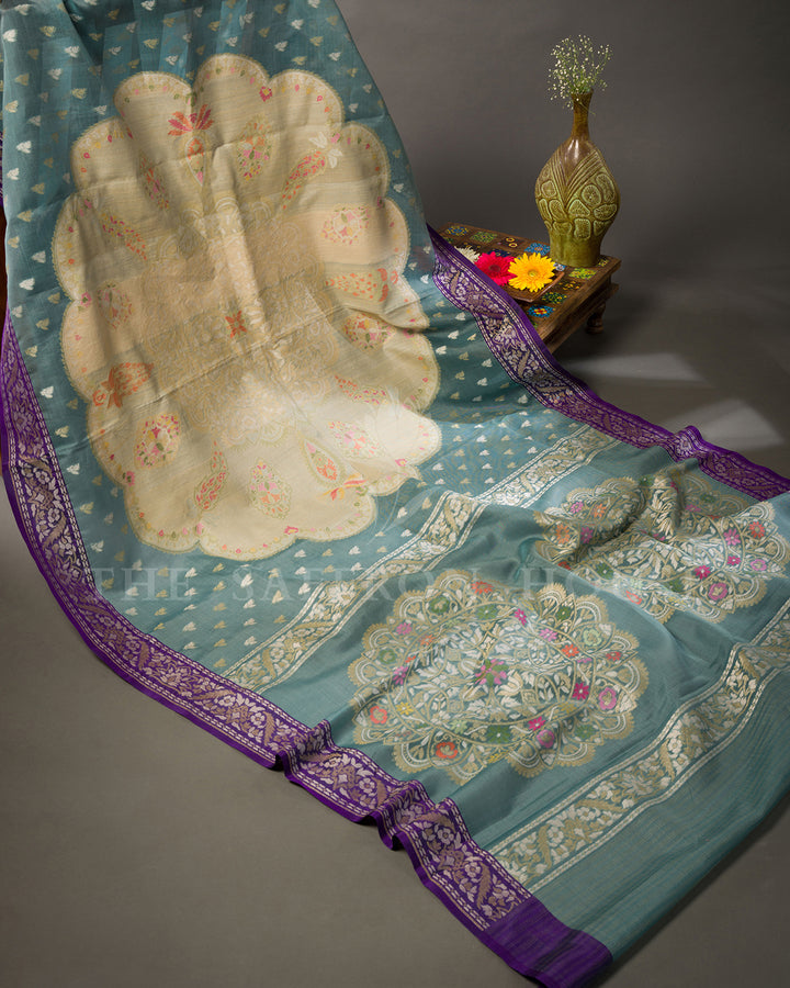 Teal Blue Tussar Silk Banarasi Saree with Meenakari Zari Medallions and Purple Border