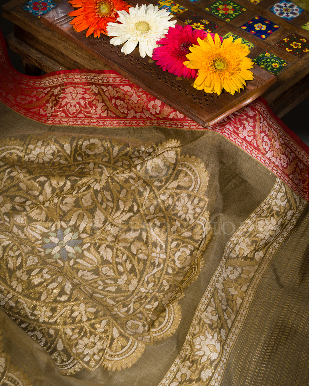 Olive Green Tussar Silk Banarasi Saree with Meenakari Zari Medallions and Red Border