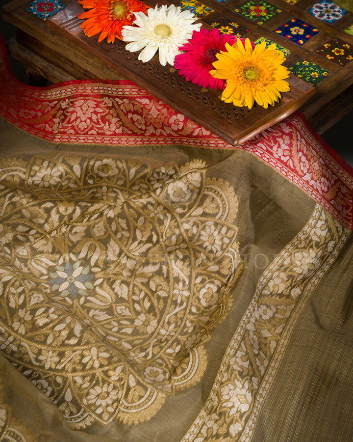 Olive Green Tussar Silk Banarasi Saree with Meenakari Zari Medallions and Red Border