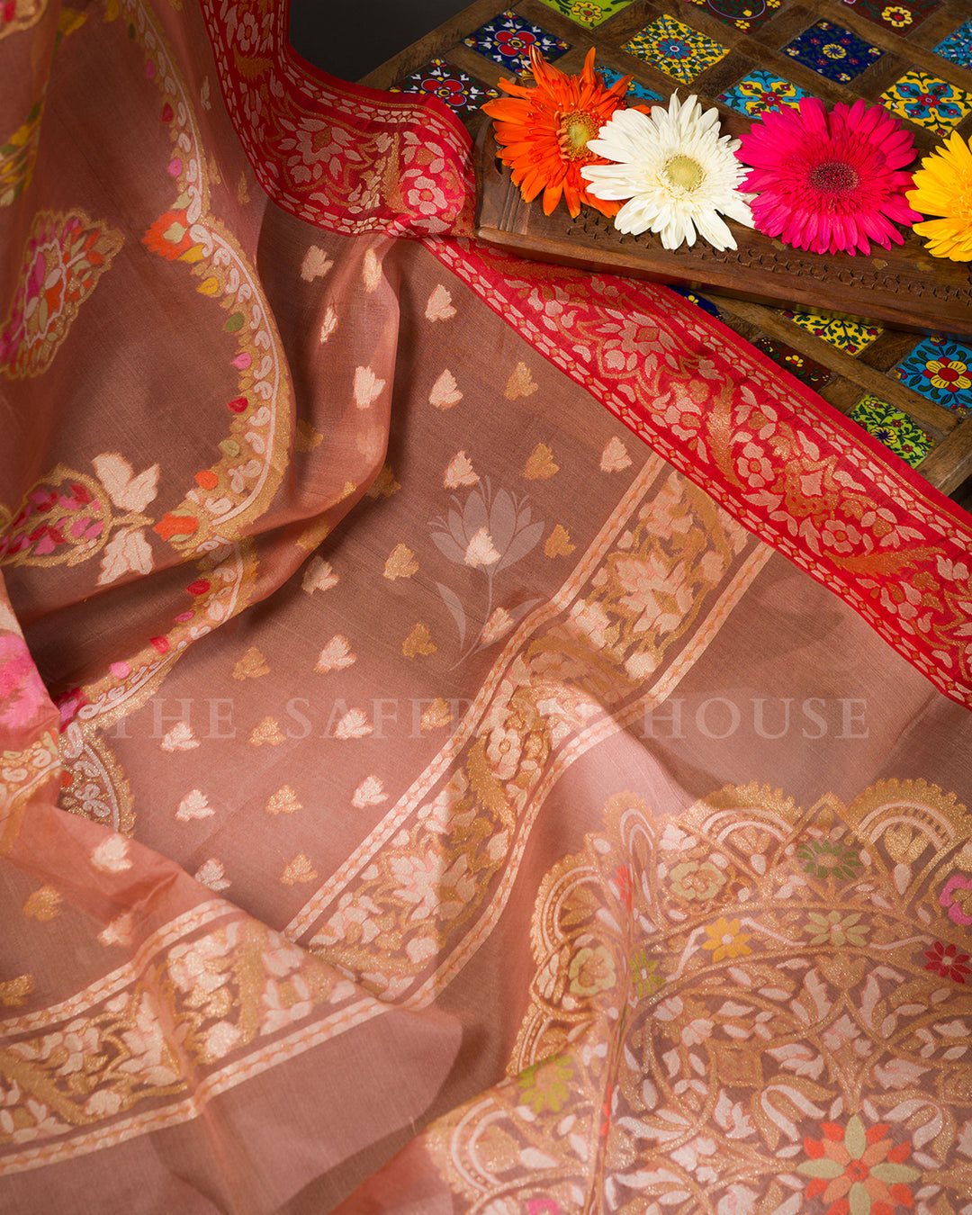 Dusty Rose Tussar Silk Banarasi Saree with Meenakari Zari Medallions and Red Border