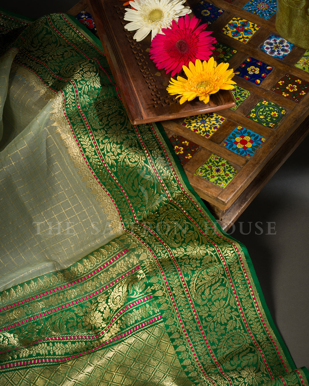 Pistachio Green Banarasi Organza with Patan Patola Fusion Border and Floral Brocade Blouse