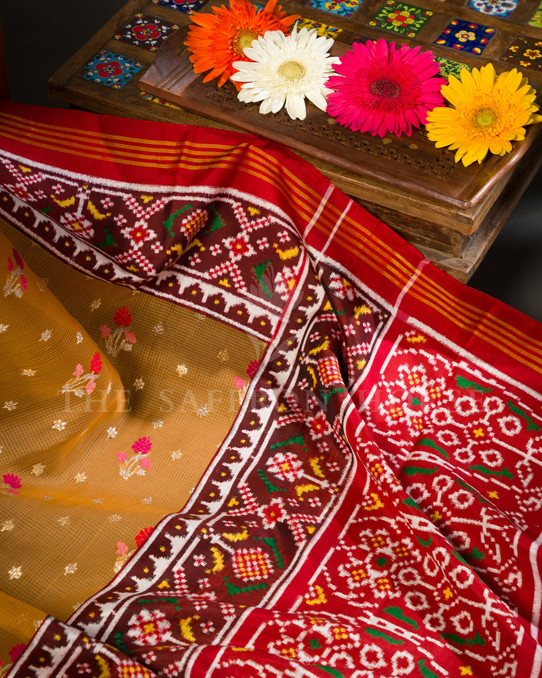 Marigold Orange Kota Saree with Patan Patola Fusion Border and Zari Butis