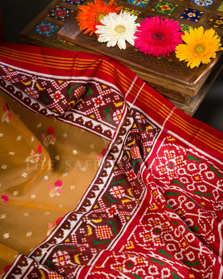 Marigold Orange Kota Saree with Patan Patola Fusion Border and Zari Butis