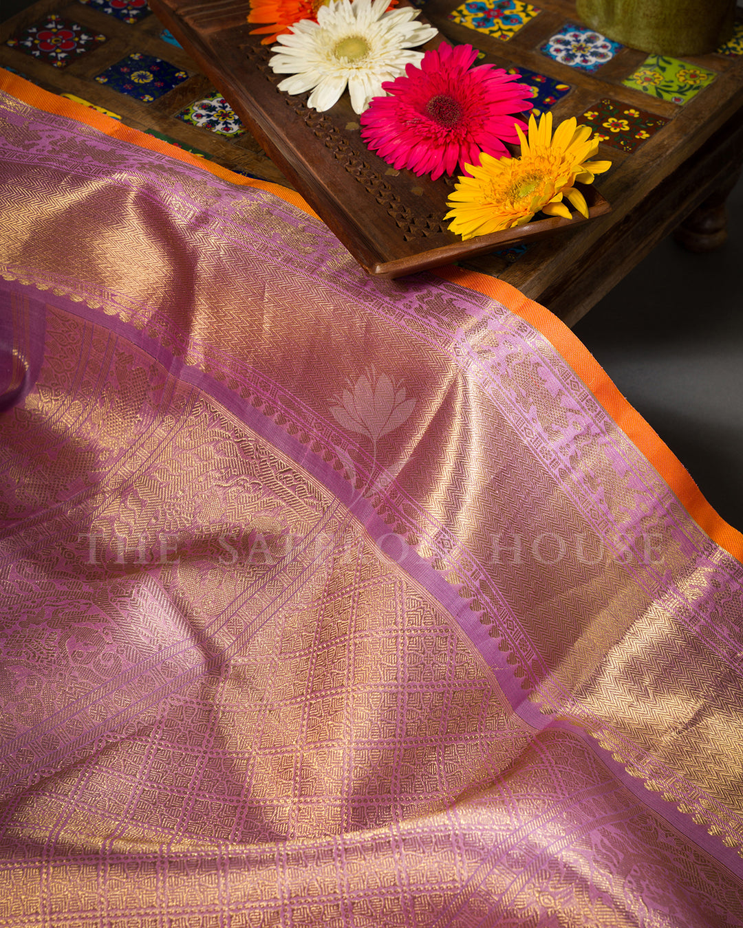Orchid Lilac Kora Kanchivaram Silk Saree with Gold and Silver Zari Elephant Jaal