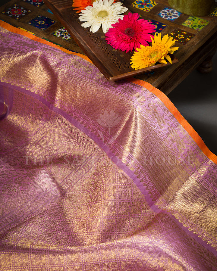 Orchid Lilac Kora Kanchivaram Silk Saree with Gold and Silver Zari Elephant Jaal