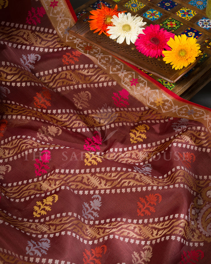 Rosewood Maroon Kora Jamdani Saree with Zari Vines and Multicoloured Butas