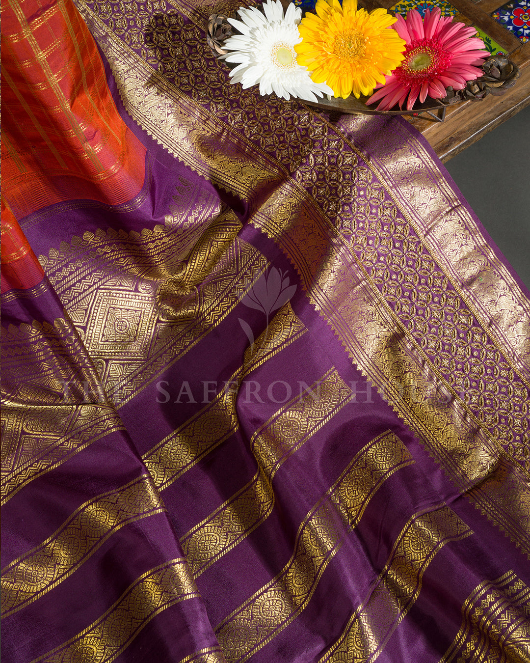 Orange & Purple Hand Embroidered Kanchivaram Silk Saree