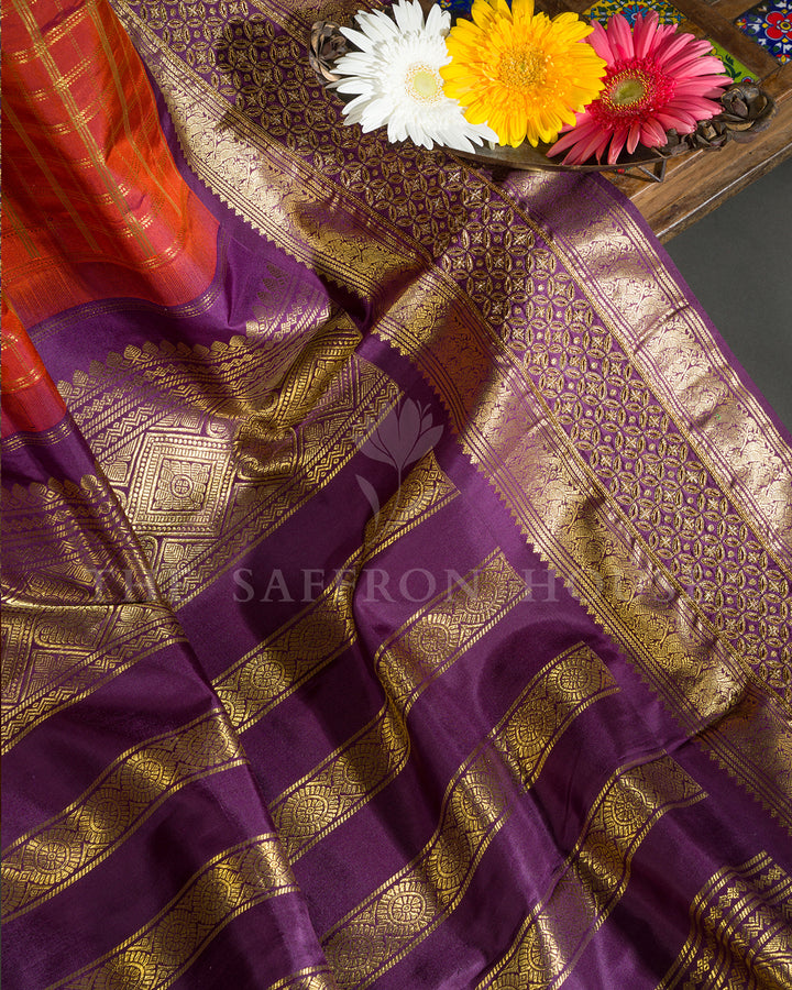 Orange & Purple Hand Embroidered Kanchivaram Silk Saree