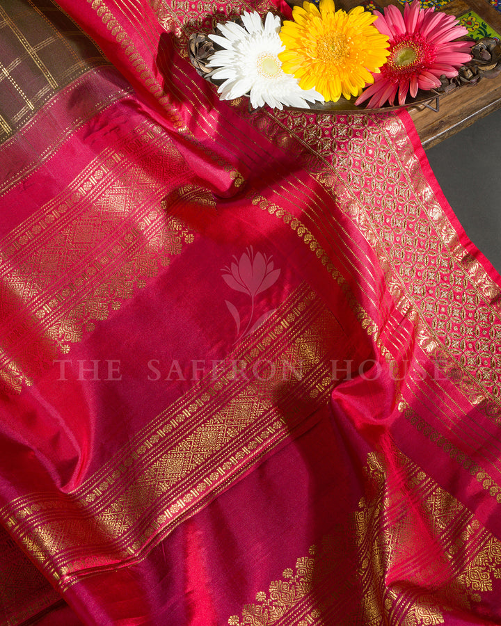 Olive Green & Pink Hand Embroidered Kanchivaram Silk Saree