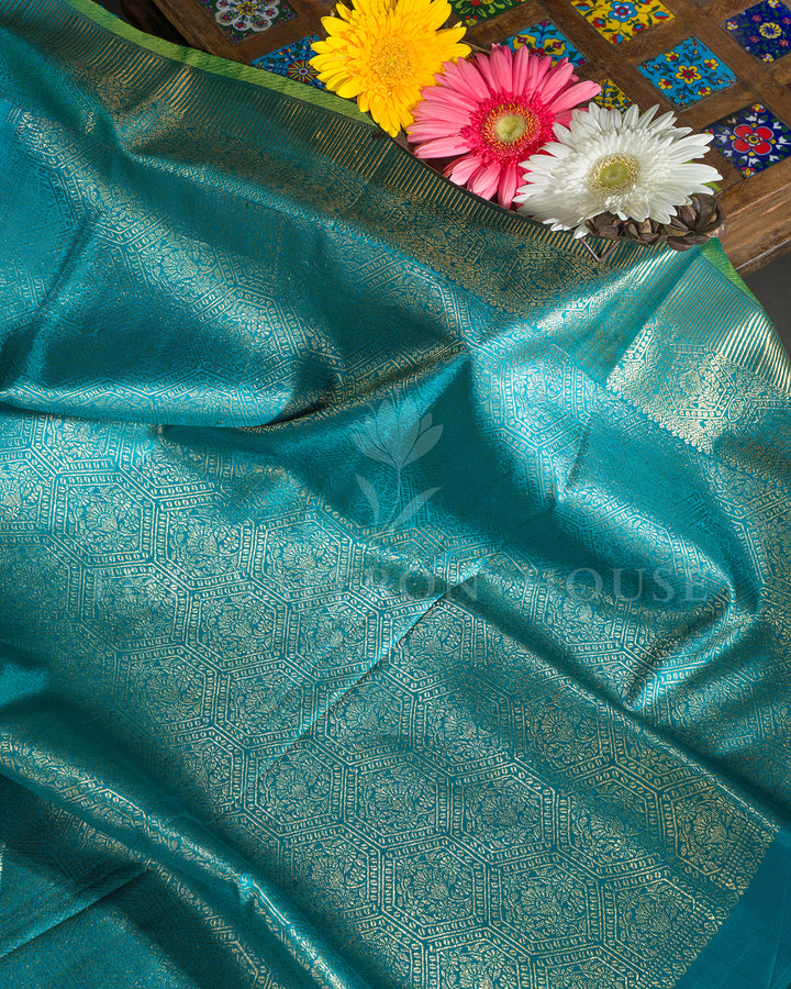 Sky Blue & Teal Hand Embroidered Kanchivaram Silk Saree