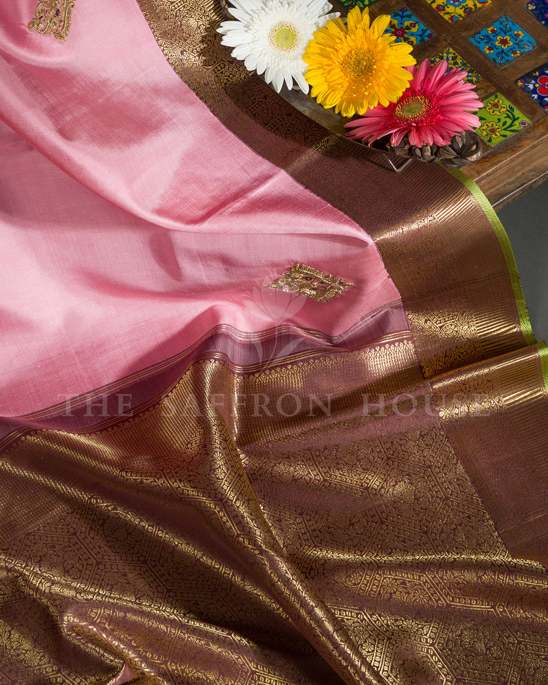 Baby Pink & Maroon Hand Embroidered Kanchivaram Silk Saree