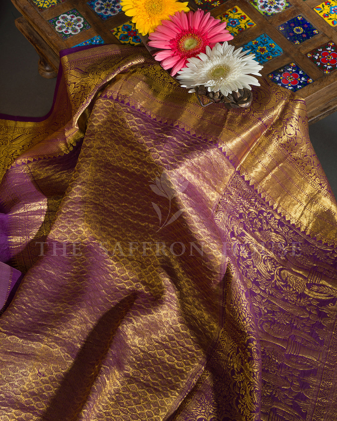 Peach & Purple Hand Painted Kalamkari Kanchivaram Silk Saree