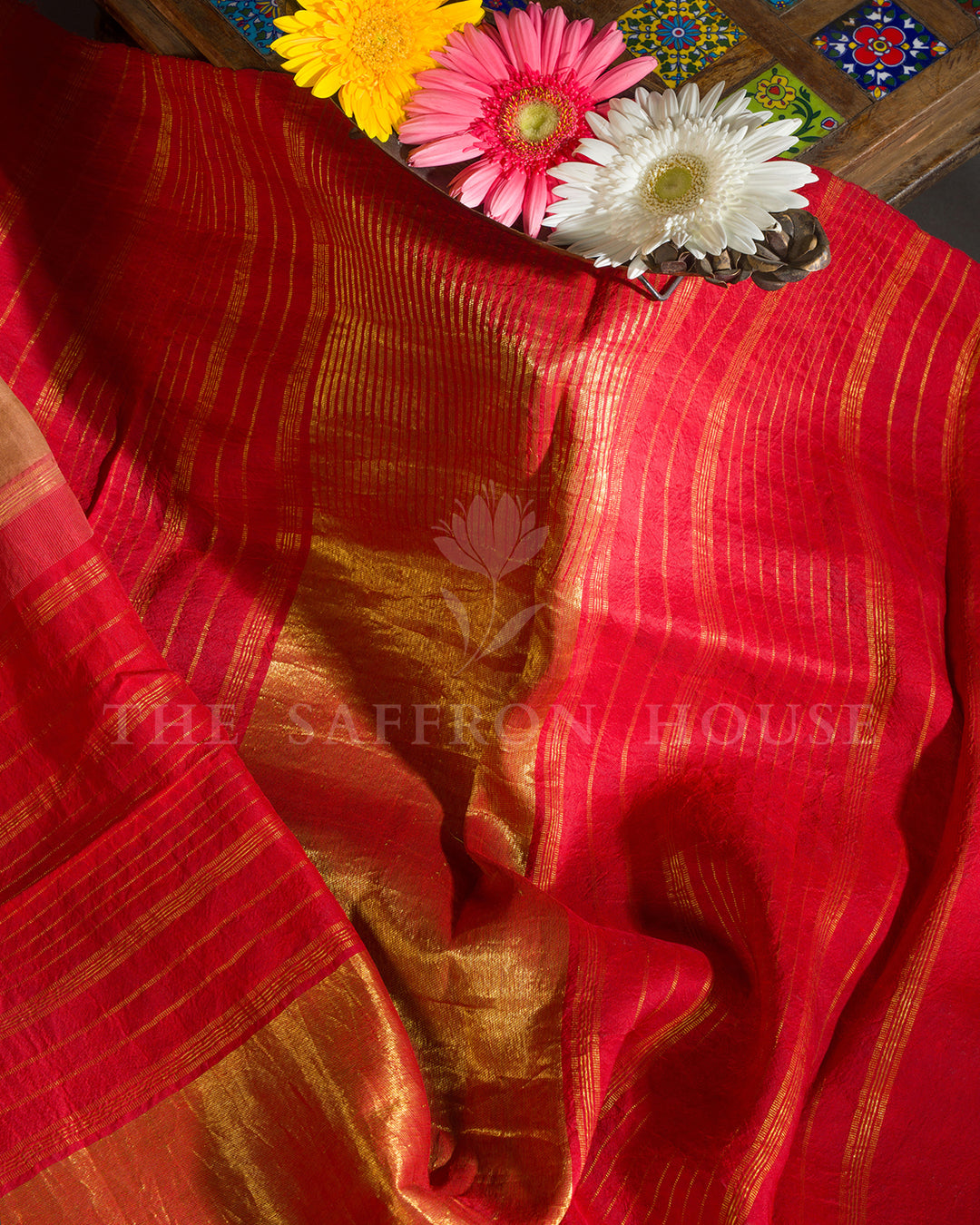 Brown & Red Hand Painted Kalamkari Kanchivaram Silk Saree
